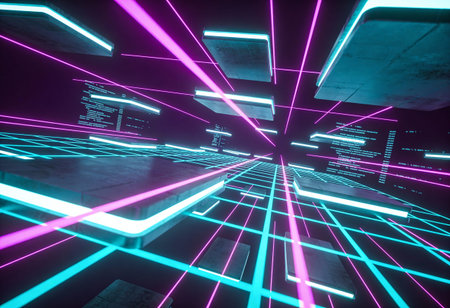 3d rendering of abstract technology concept with glowing neon lines in dark room