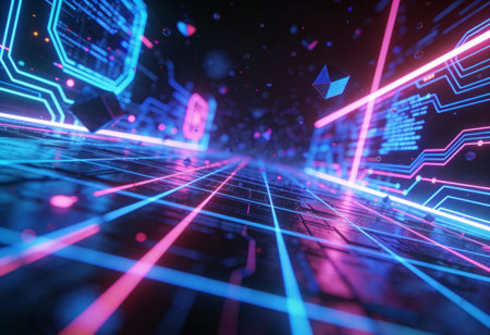 Futuristic cyberspace tunnel with glowing neon lights. 3D Rendering