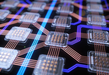 Circuit board with microchips, close-up, 3d render