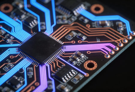 Electronic circuit board close-up with microcircuits. Technology background