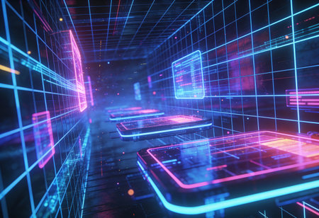 3d rendering of abstract technology background with glowing neon lines. 3d illustration