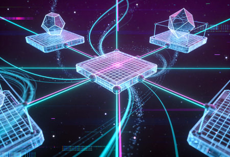 3D rendering of a holographic background with a binary code and a wireframe object