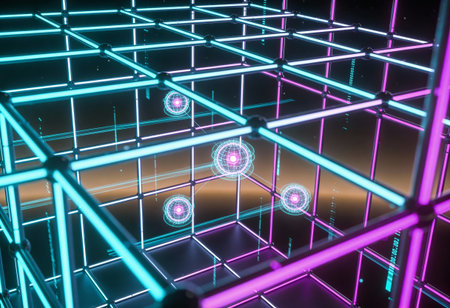 Abstract 3d rendering of wireframe structure. Futuristic background with glowing neon elements.
