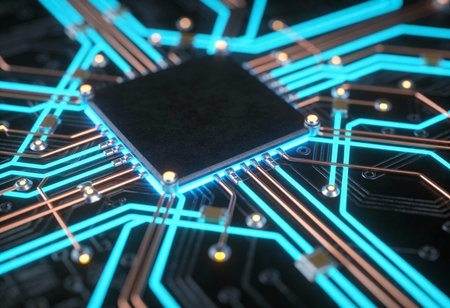 Circuit board with microchips and connections. 3d rendering