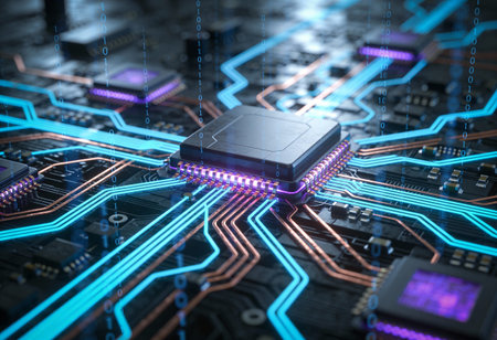 Circuit board with microchips and electronic components. 3D rendering
