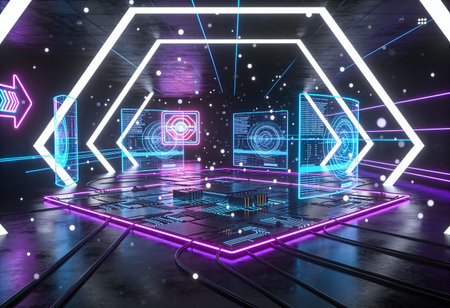 Futuristic glowing polygonal interface on dark background. 3D Rendering