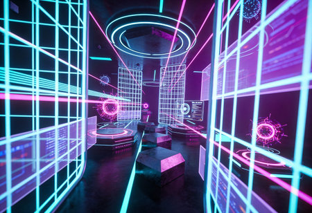 3d render of futuristic interior with neon lights. Sci-fi concept