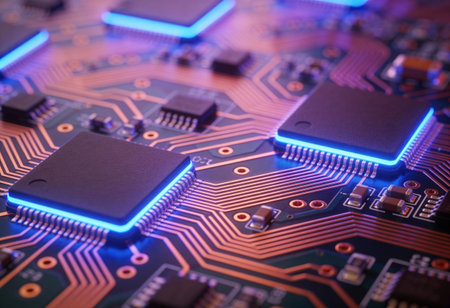 Close-up of electronic circuit board with microchips. Technology background