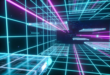 3d rendering of abstract technology background with neon glowing lines. Computer digital drawing.