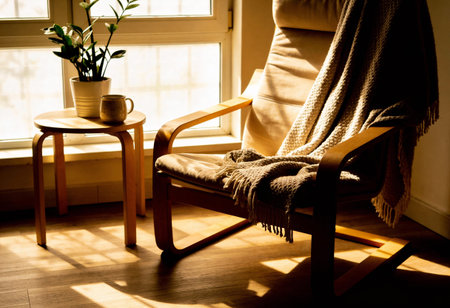 Armchair and a cup of coffee on the windowsill in the morning