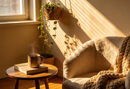 Cozy home interior with a cup of coffee and a book on the windowsill.