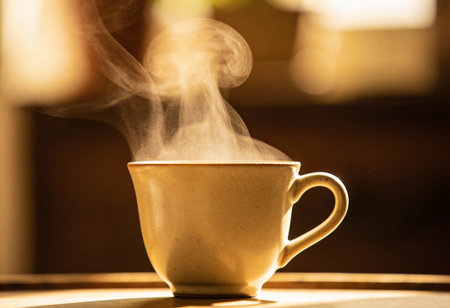 Coffee cup with steam on wooden table in coffee shop.