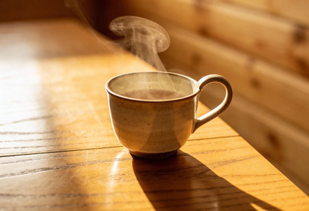 Cup of coffee on the wooden table in the morning light.