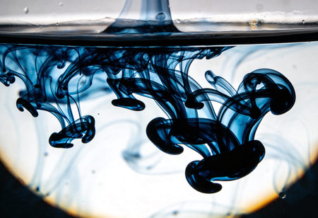 blue ink in water on a black background close-up macro photography