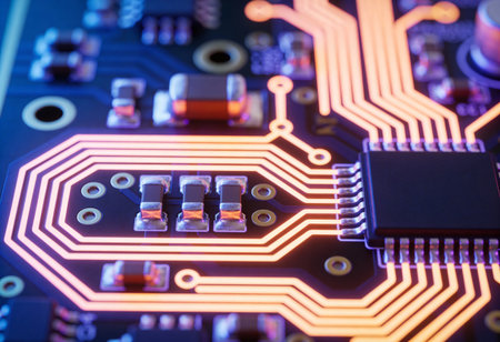 Close up of electronic circuit board, microcircuit. Technology background.