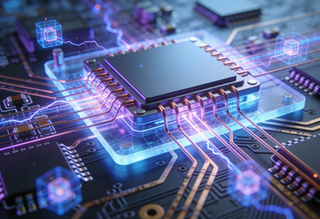 Close up of electronic circuit board with microcircuits. 3D rendering