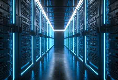 network server room data center room with blue lights 3d rendering image