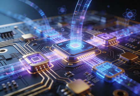 Close up of circuit board with microchips and connections. 3D rendering