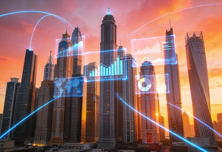 Skyscrapers of Dubai business downtown. International hub of trading and financial services.