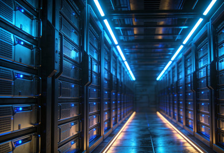 3d render of server room data center hallway with neon lights.