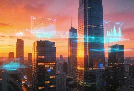 Abstract hologram of business charts and graphs over the cityscape at sunset, double exposure