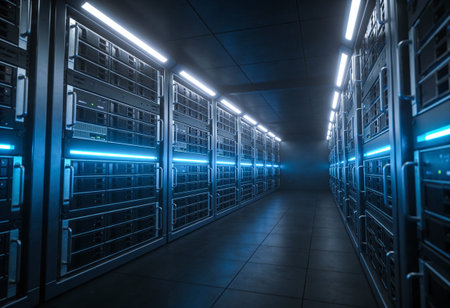 server room data center with rows of server racks. 3d render