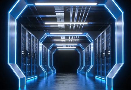 Dark futuristic server room with blue neon lights. 3D Rendering
