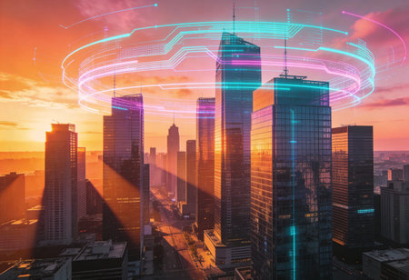 Abstract technology hologram over modern city skyline at sunset, research and development concept....