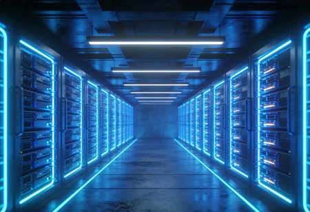 3d render server room with blue neon lights. Data center concept