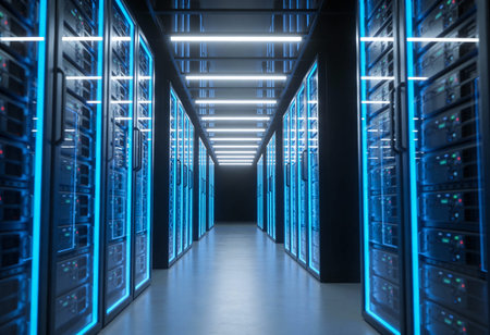 Dark server room with rows of hard drives, 3d rendering toned image