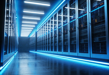 server room data center with blue glowing lights, 3d rendering toned image