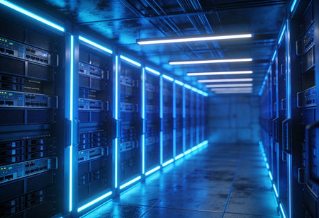 3d rendering server room data center with neon lights on the wall
