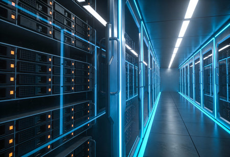 Futuristic server room with blue lights. 3D Rendering