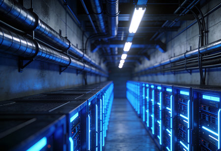 3d render of server room with blue lights in the dark.