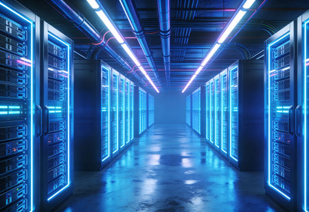 3d rendering server room or data center with blue neon lights.