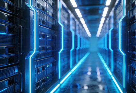 server room data center with rows of server racks. 3d rendering