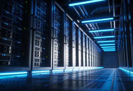 Server room data center. 3d rendering toned image double exposure