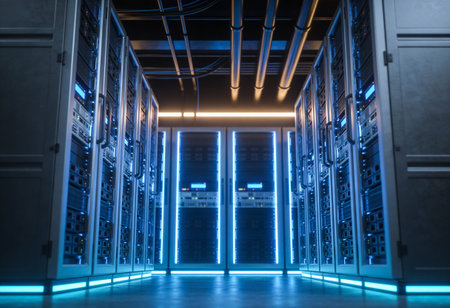 Server room data center. Backup, mining, hosting, mainframe, farm and computer rack with storage...