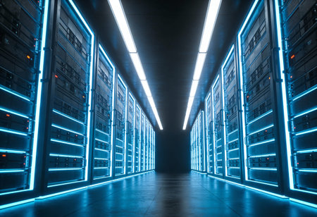Server room data center hallway with blue neon lights. 3D Rendering