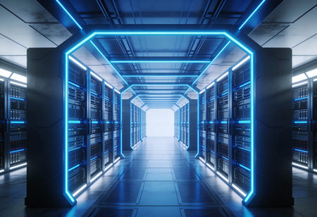 Futuristic server room interior with blue neon lights 3D rendering