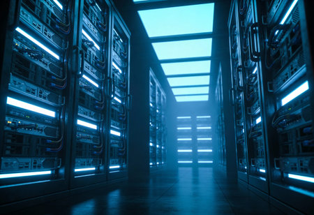 server room data center with nice blue light glowing in the dark.