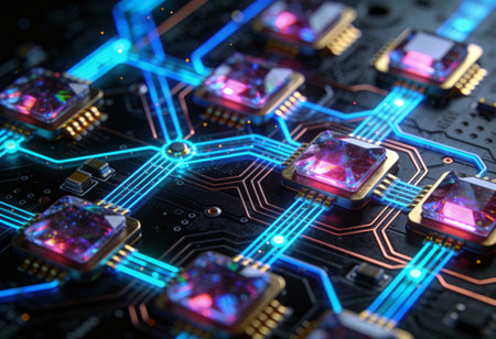 Close up of electronic circuit board. Technology background. 3D rendering