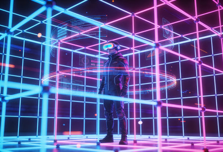 Man wearing virtual reality goggles and futuristic interface. 3D Rendering