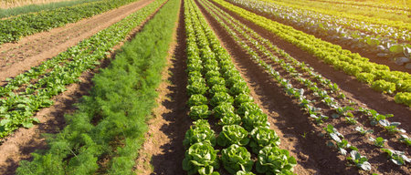 Lettuce field in the morning light. Panoramic view.の写真素材