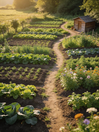Vegetable garden at sunset in summer. Landscape with rows of plantsの写真素材