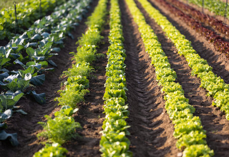 Lettuce field in the morning light. Lettuce plantation.の写真素材