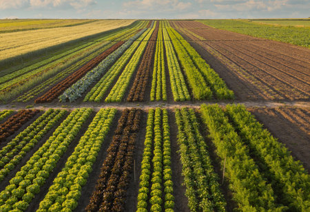 Aerial view of rows of lettuce plants growing in a field.の写真素材