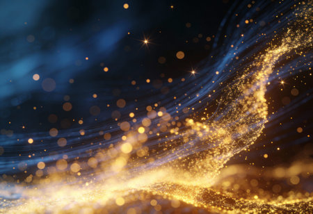 Golden glittering particles and bokeh lights on black background. 3d renderingの写真素材