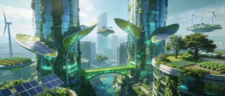 Ecology concept with green city and solar panels. 3d renderingの写真素材