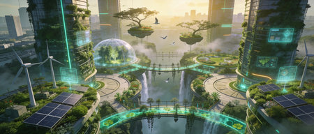 Eco city with wind turbine and solar panel, 3d renderingの写真素材